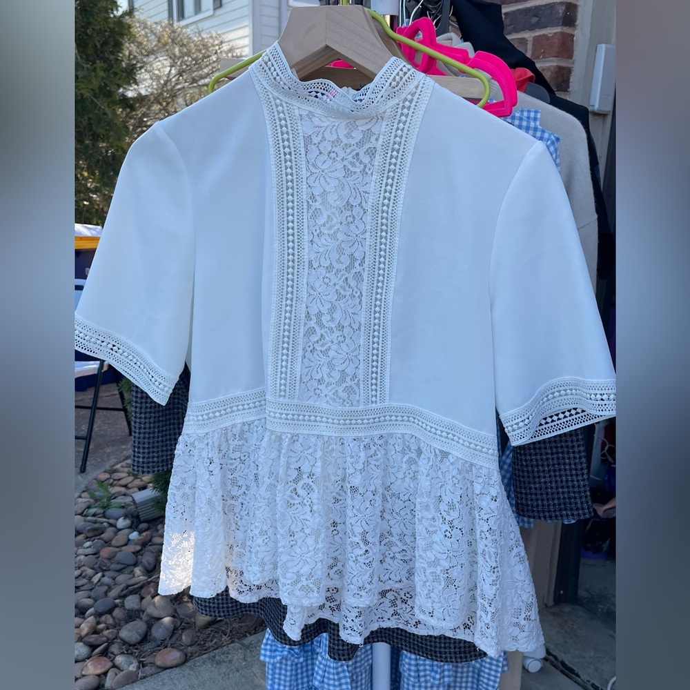 Zara White Embellished Peplum Blouse with Bib Collar